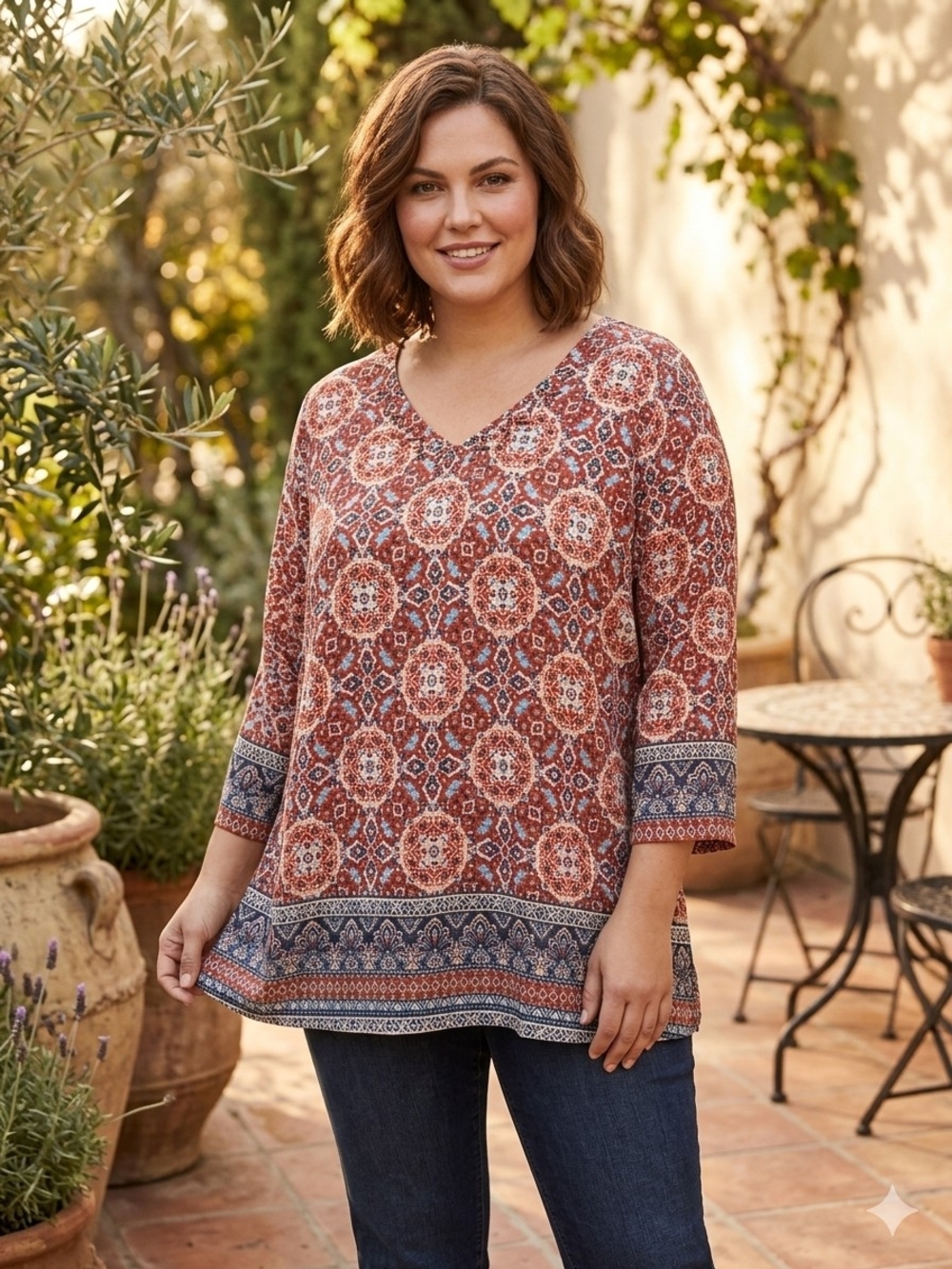 Alfred Dunner Rust Floral Medallion V-Neck Tunic with Blue Border